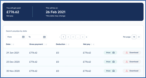 A screenshot of downloadable payslips and P60s